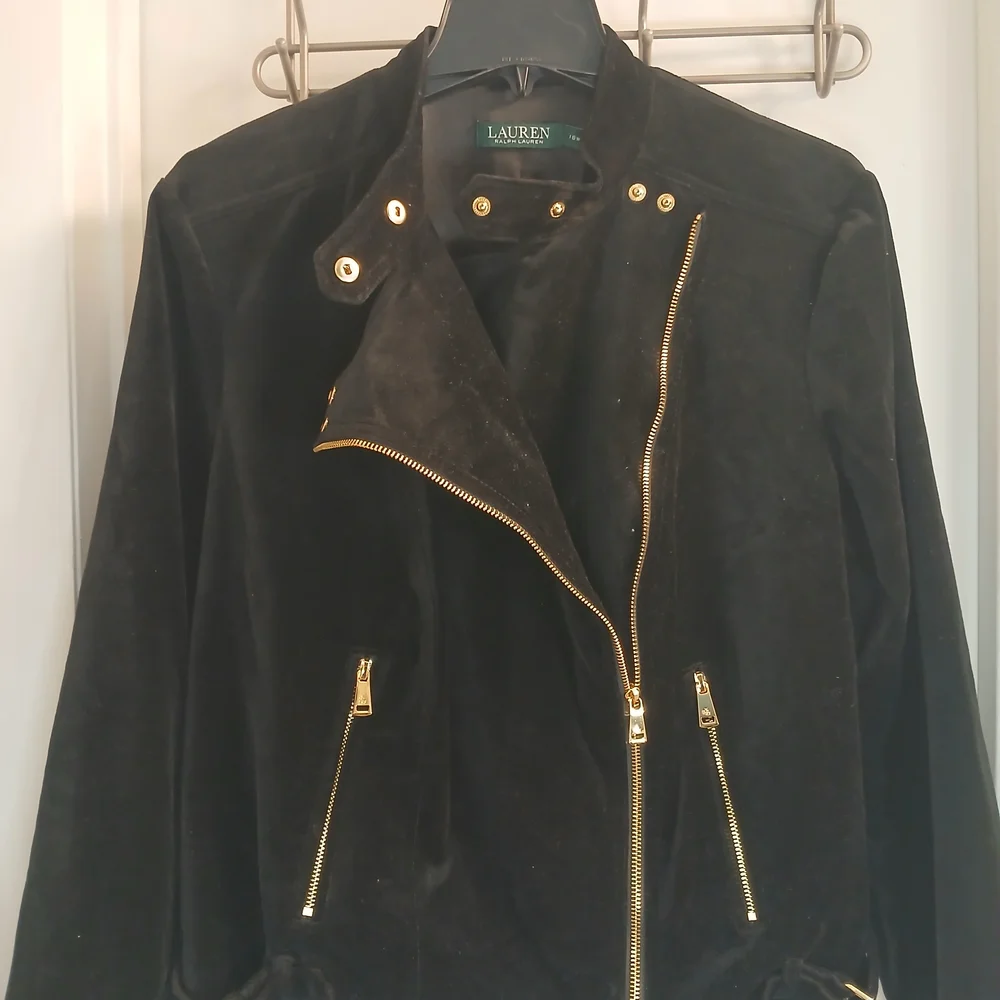 Lauren Ralph Lauren Black Velvet & Gold Sl8m Fit  Moto Jacket 16W NWOT 295$